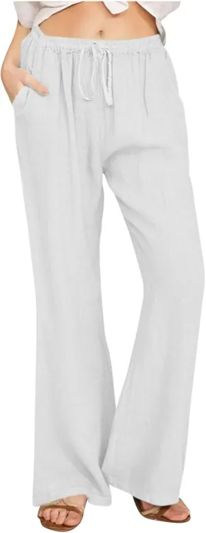 Womens Wide Leg Palazzo Pants Cotton Linen Elastic High Waist Pull-On Summer Casual Trousers with Pockets