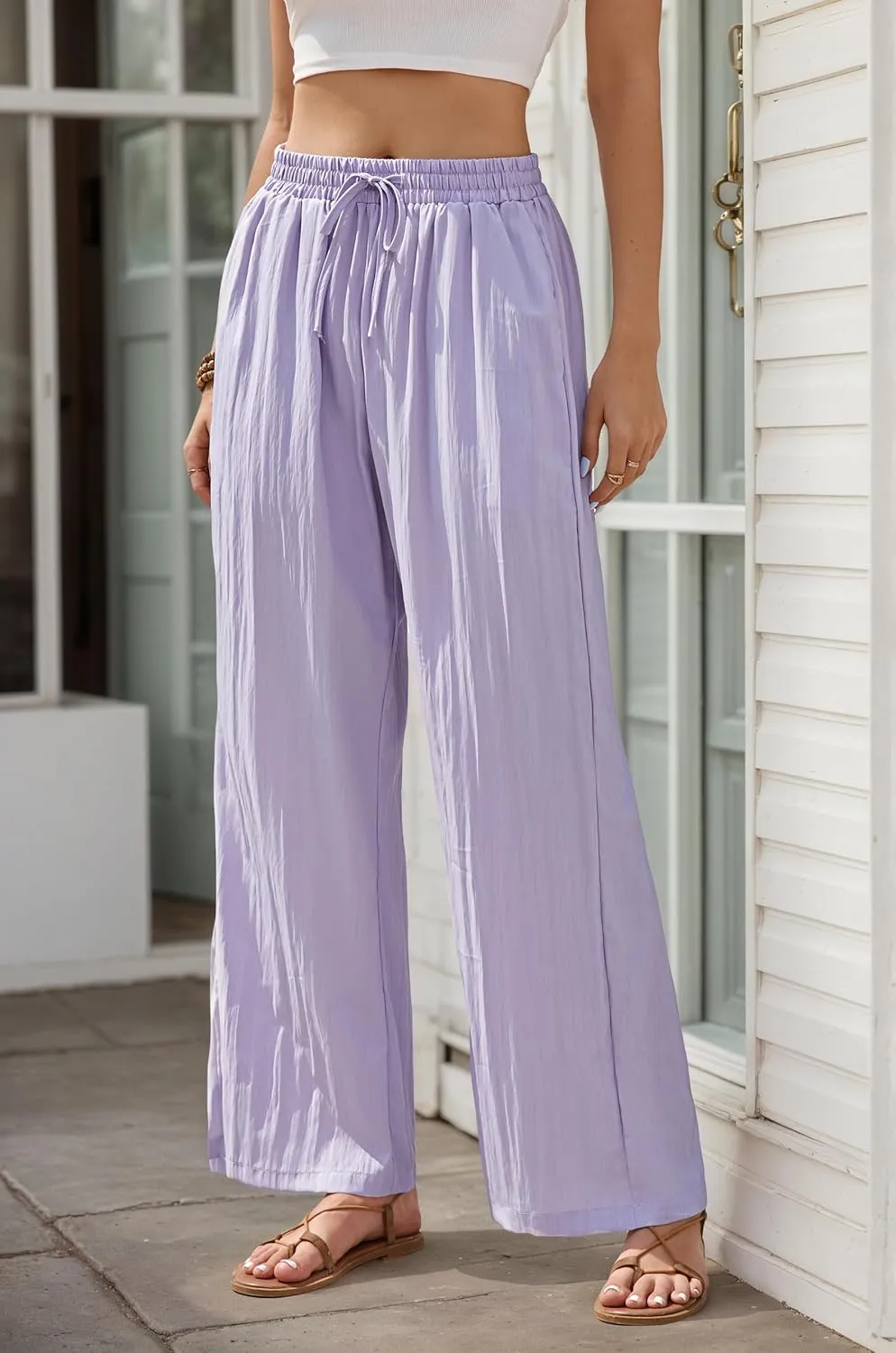 Women's Wide Leg Pants Flowy Pants for Women Casual Palazzo Trousers Loose Fit High Waisted Drawstring with Pocket