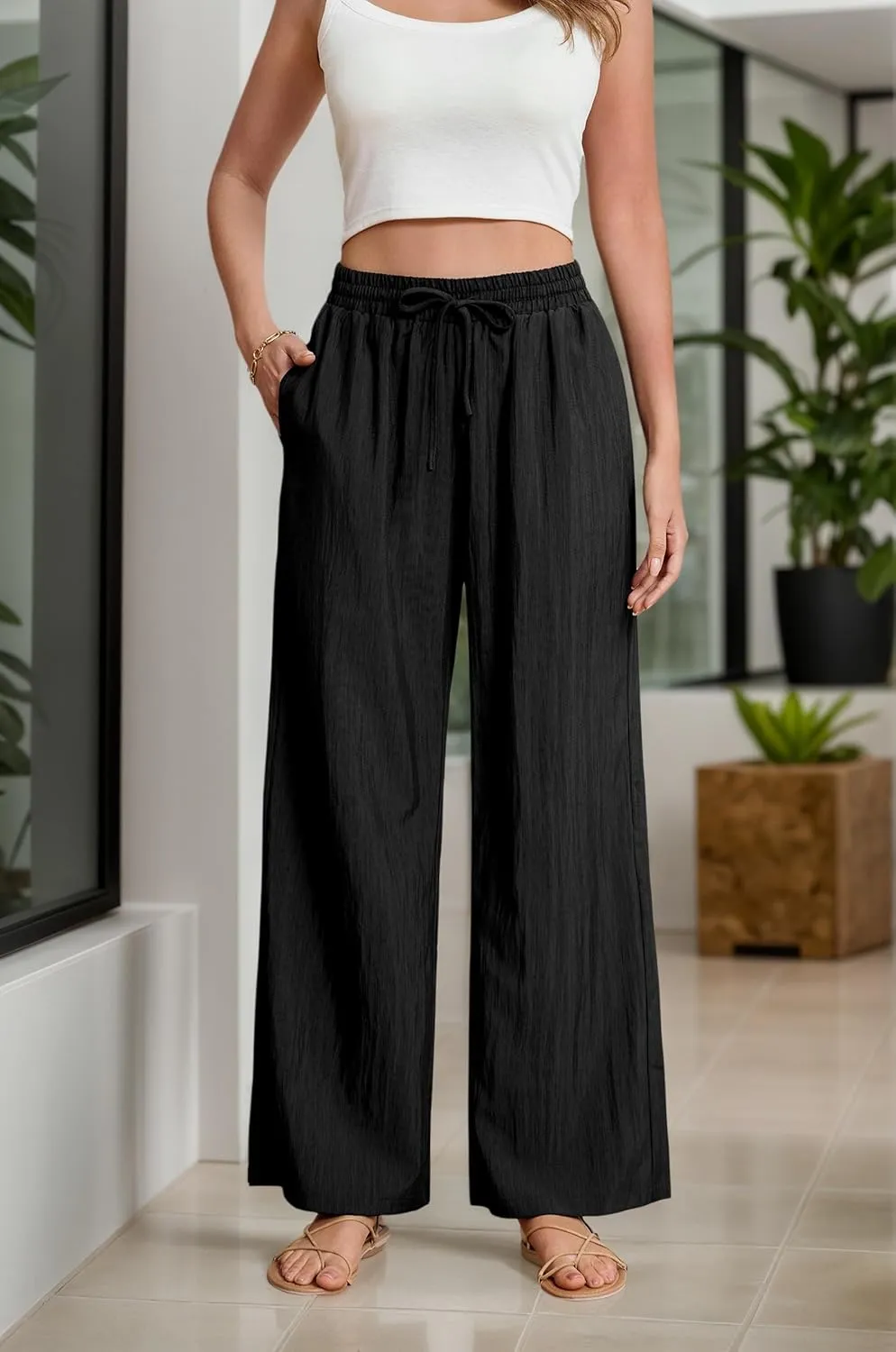 Women's Wide Leg Pants Flowy Pants for Women Casual Palazzo Trousers Loose Fit High Waisted Drawstring with Pocket