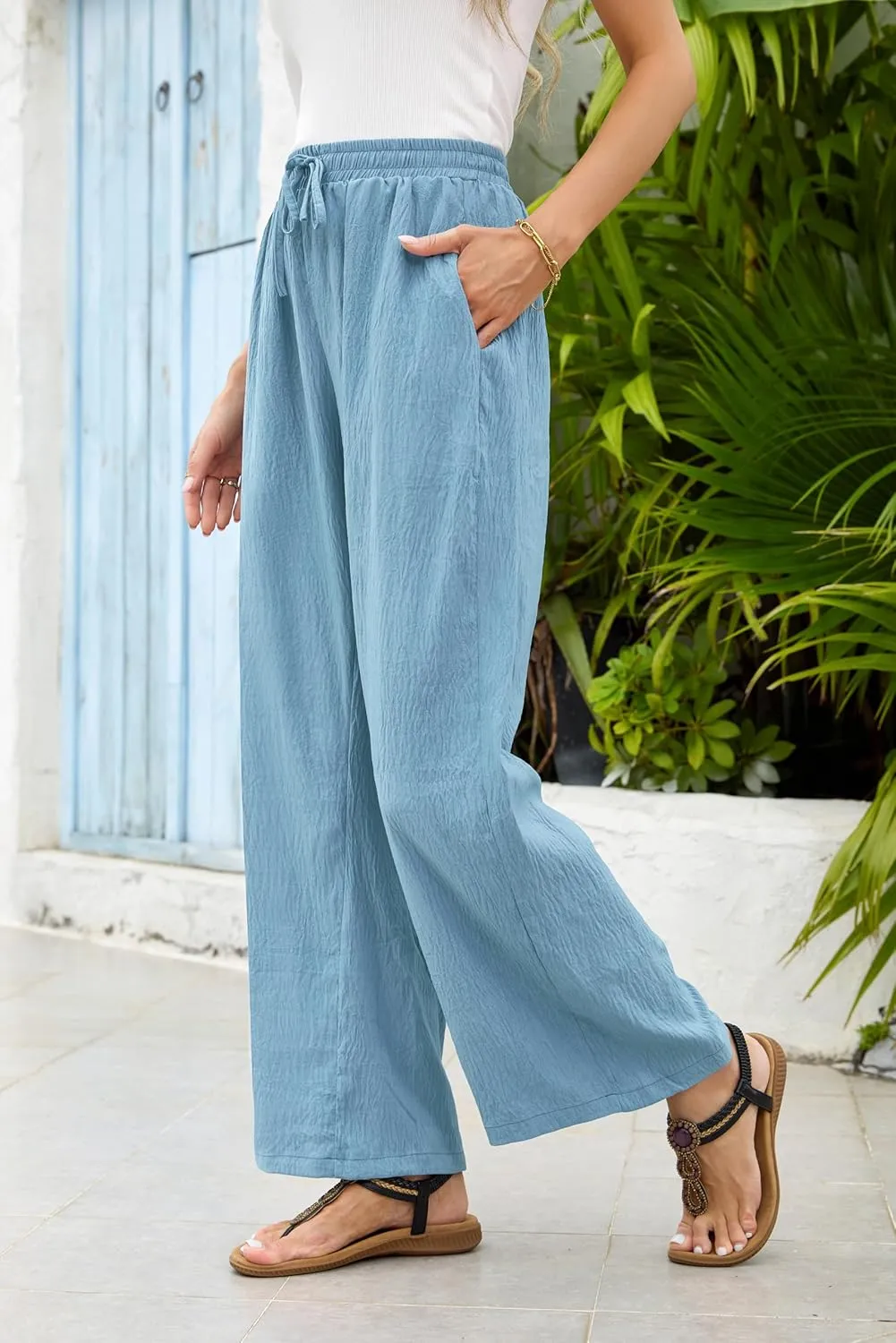 Women's Wide Leg Pants Flowy Pants for Women Casual Palazzo Trousers Loose Fit High Waisted Drawstring with Pocket