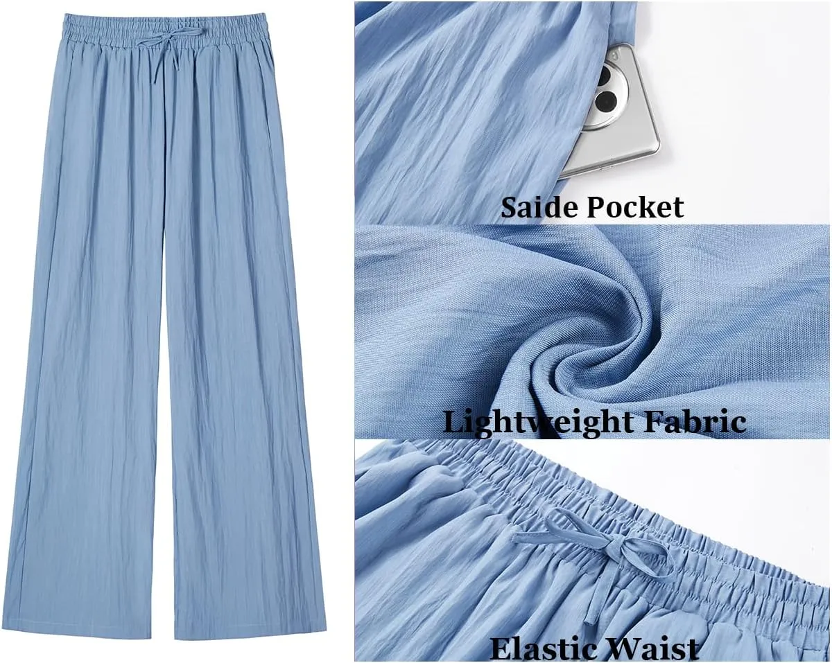 Women's Wide Leg Pants Flowy Pants for Women Casual Palazzo Trousers Loose Fit High Waisted Drawstring with Pocket