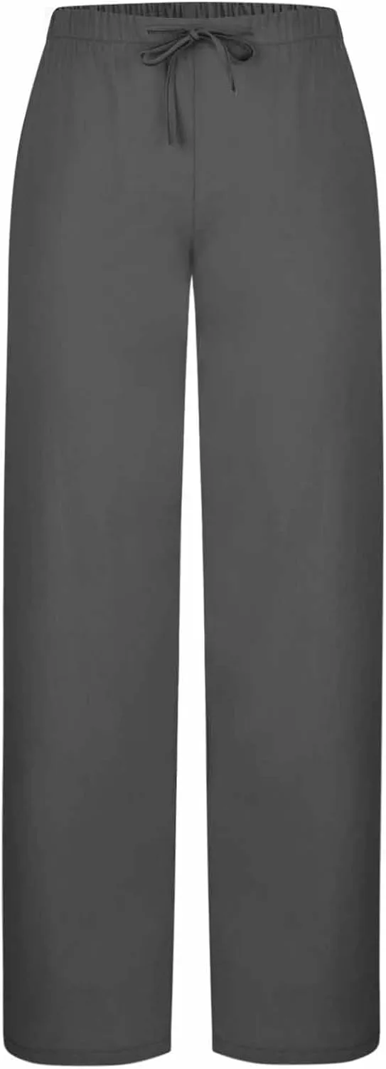Womens Wide Leg Yoga Pants Linen Elastic High Waist Drawstring Lounge Trousers Summer Boho Flowy Slacks
