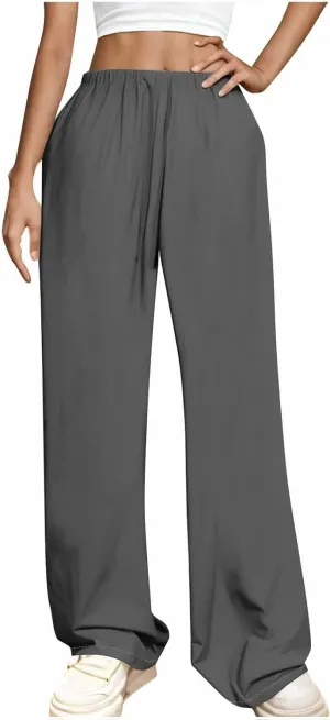 Womens Wide Leg Yoga Pants Linen Elastic High Waist Drawstring Lounge Trousers Summer Boho Flowy Slacks
