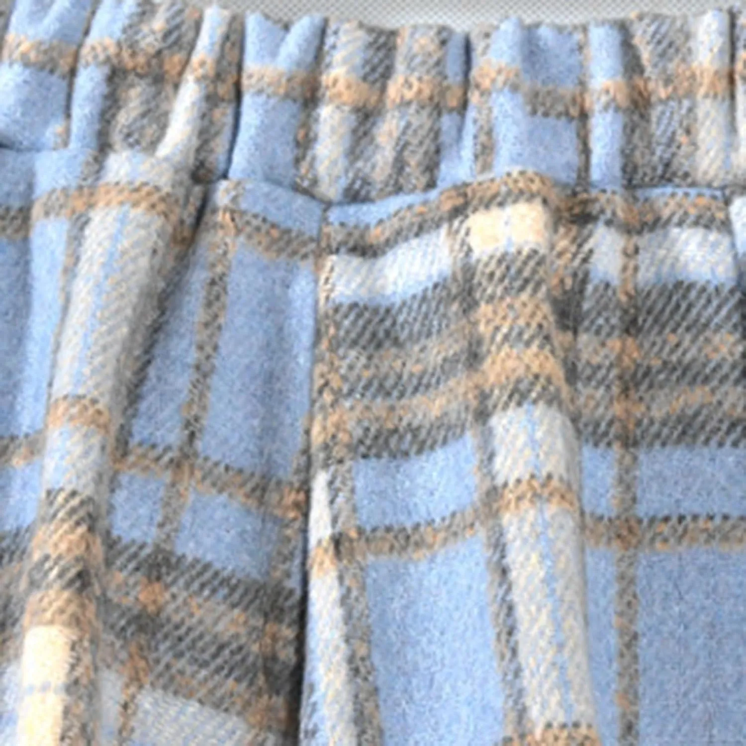 Womens Wool Blend Plaid Skirts Elastic Waist Lace Patchwork Hem Vintage Lattice Knee Length Midi Skirts