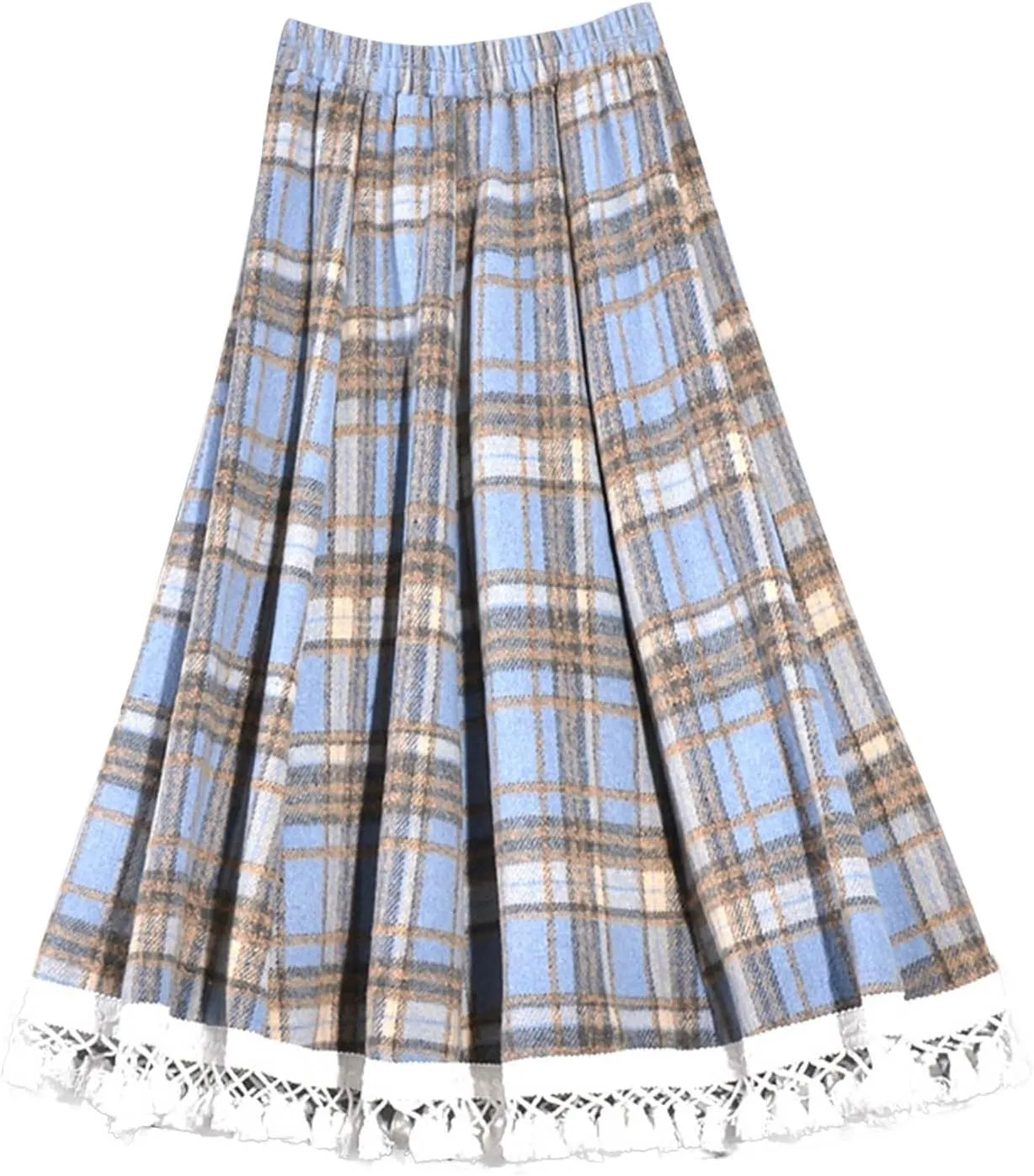 Womens Wool Blend Plaid Skirts Elastic Waist Lace Patchwork Hem Vintage Lattice Knee Length Midi Skirts