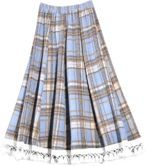 Womens Wool Blend Plaid Skirts Elastic Waist Lace Patchwork Hem Vintage Lattice Knee Length Midi Skirts
