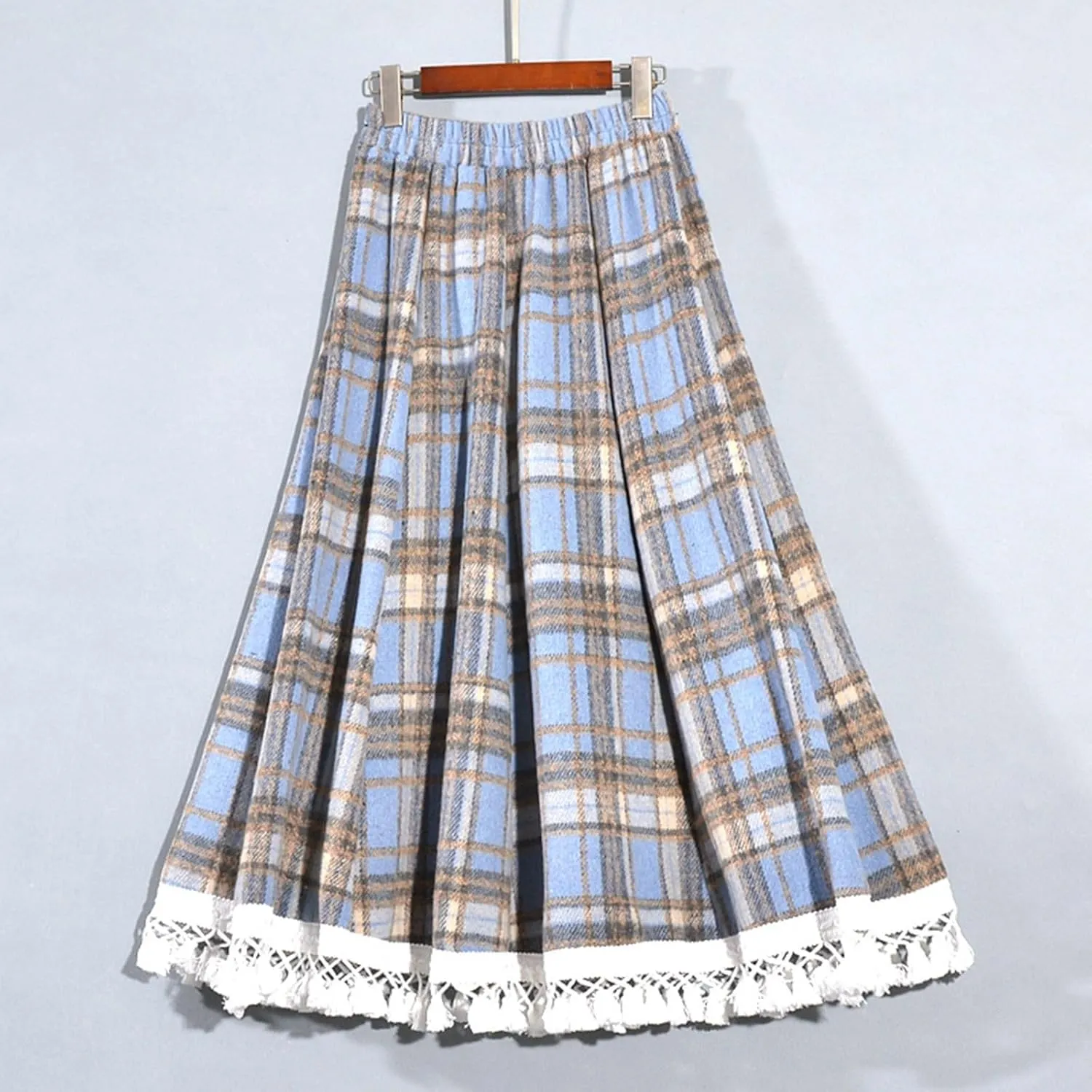 Womens Wool Blend Plaid Skirts Elastic Waist Lace Patchwork Hem Vintage Lattice Knee Length Midi Skirts