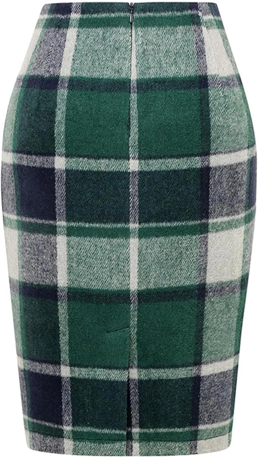 Women's Wool Midi Plaid Pencil Skirts High Waist Slit Tight Knee Length Casual Midi Skirt