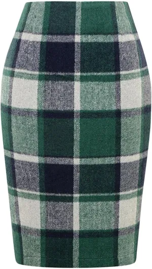 Women's Wool Midi Plaid Pencil Skirts High Waist Slit Tight Knee Length Casual Midi Skirt