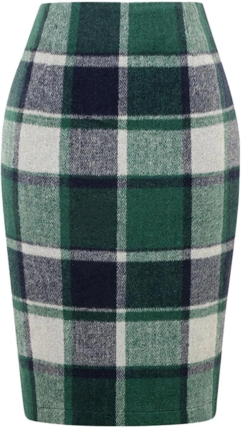 Women's Wool Midi Plaid Pencil Skirts High Waist Slit Tight Knee Length Casual Midi Skirt