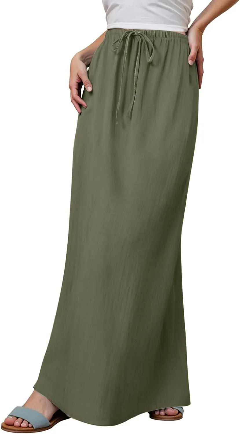Womens Wrap Around Linen Skirt A-Line Cut Elastic Waistband Ankle-Length Lightweight Summer Skirts for Beach Vacation