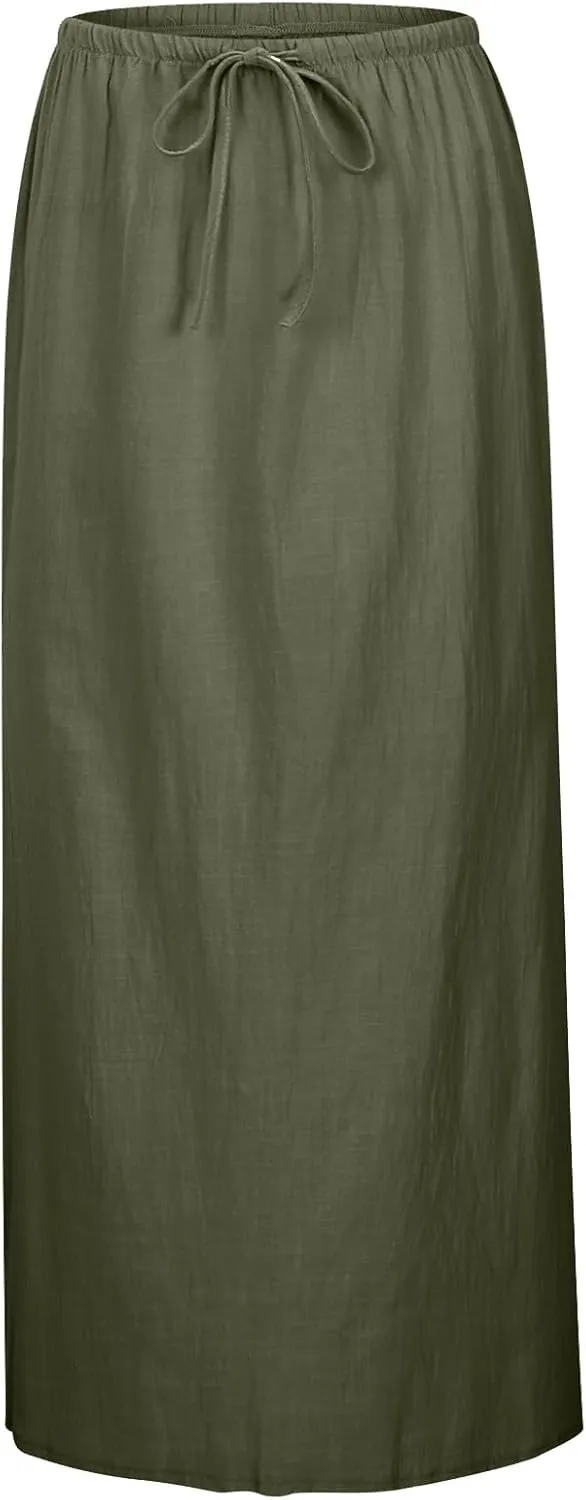 Womens Wrap Around Linen Skirt A-Line Cut Elastic Waistband Ankle-Length Lightweight Summer Skirts for Beach Vacation