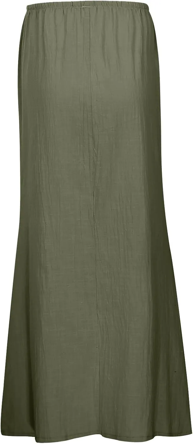 Womens Wrap Around Linen Skirt A-Line Cut Elastic Waistband Ankle-Length Lightweight Summer Skirts for Beach Vacation