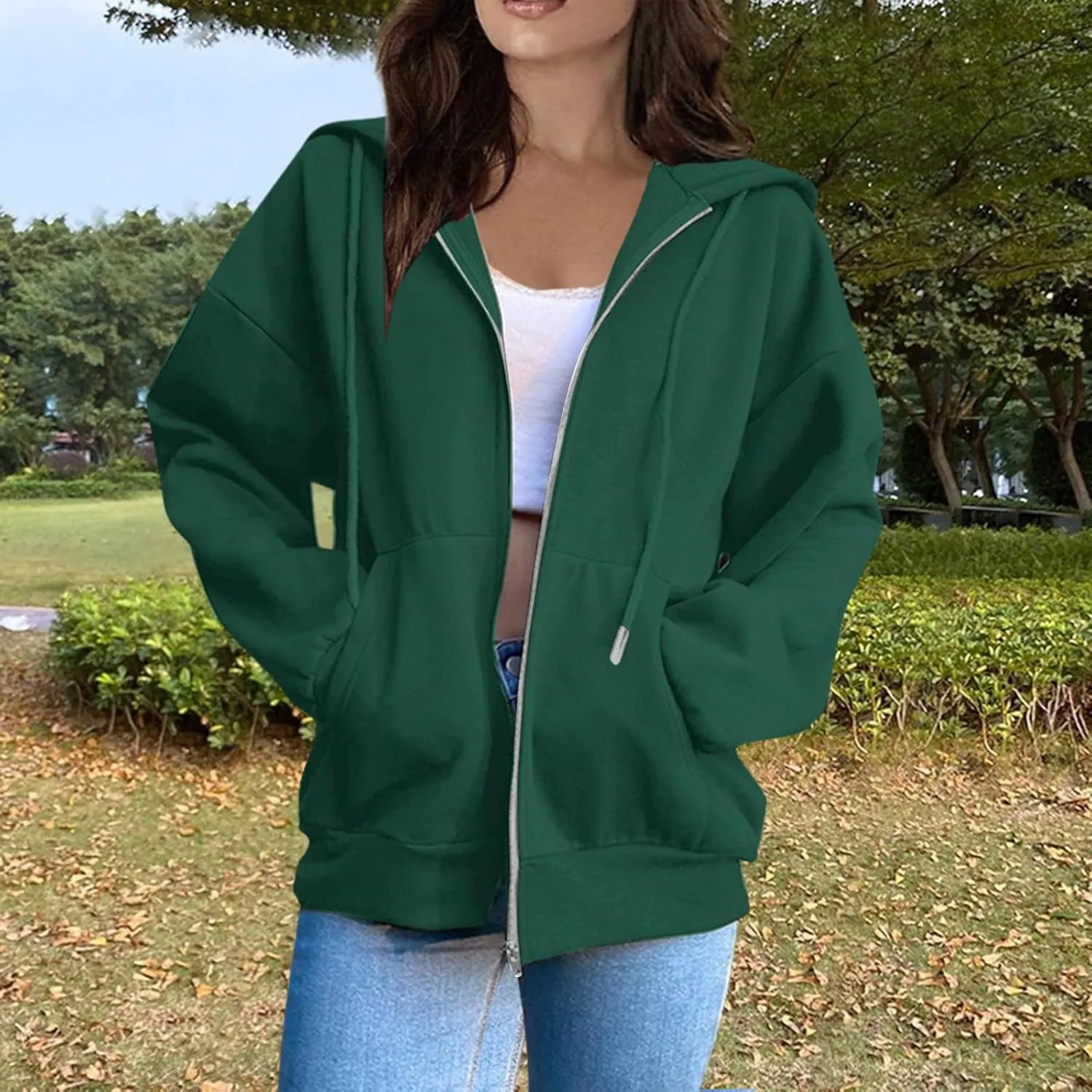 Womens Zip Up Hoodies Long Sleeve Pockets Oversized Sweatshirts Solid Y2k Hoodie Jacket Fall Fashion Clothes 2024