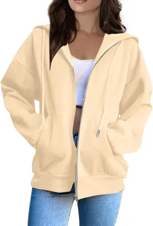 Womens Zip Up Hoodies Long Sleeve Pockets Oversized Sweatshirts Solid Y2k Hoodie Jacket Fall Fashion Clothes 2024