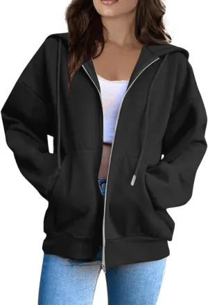 Womens Zip Up Hoodies Long Sleeve Pockets Oversized Sweatshirts Solid Y2k Hoodie Jacket Fall Fashion Clothes 2024