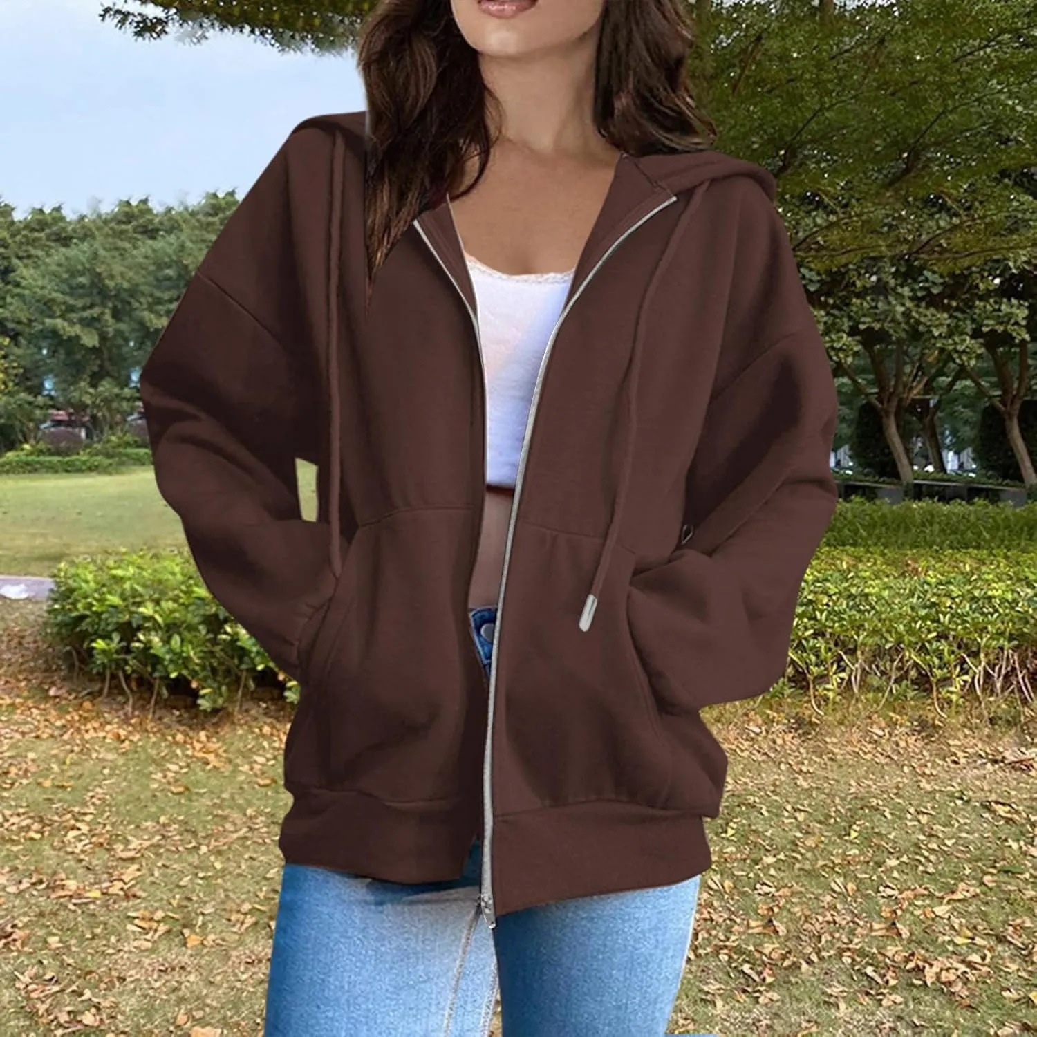 Womens Zip Up Hoodies Long Sleeve Pockets Oversized Sweatshirts Solid Y2k Hoodie Jacket Fall Fashion Clothes 2024