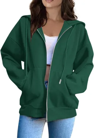 Womens Zip Up Hoodies Long Sleeve Pockets Oversized Sweatshirts Solid Y2k Hoodie Jacket Fall Fashion Clothes 2024
