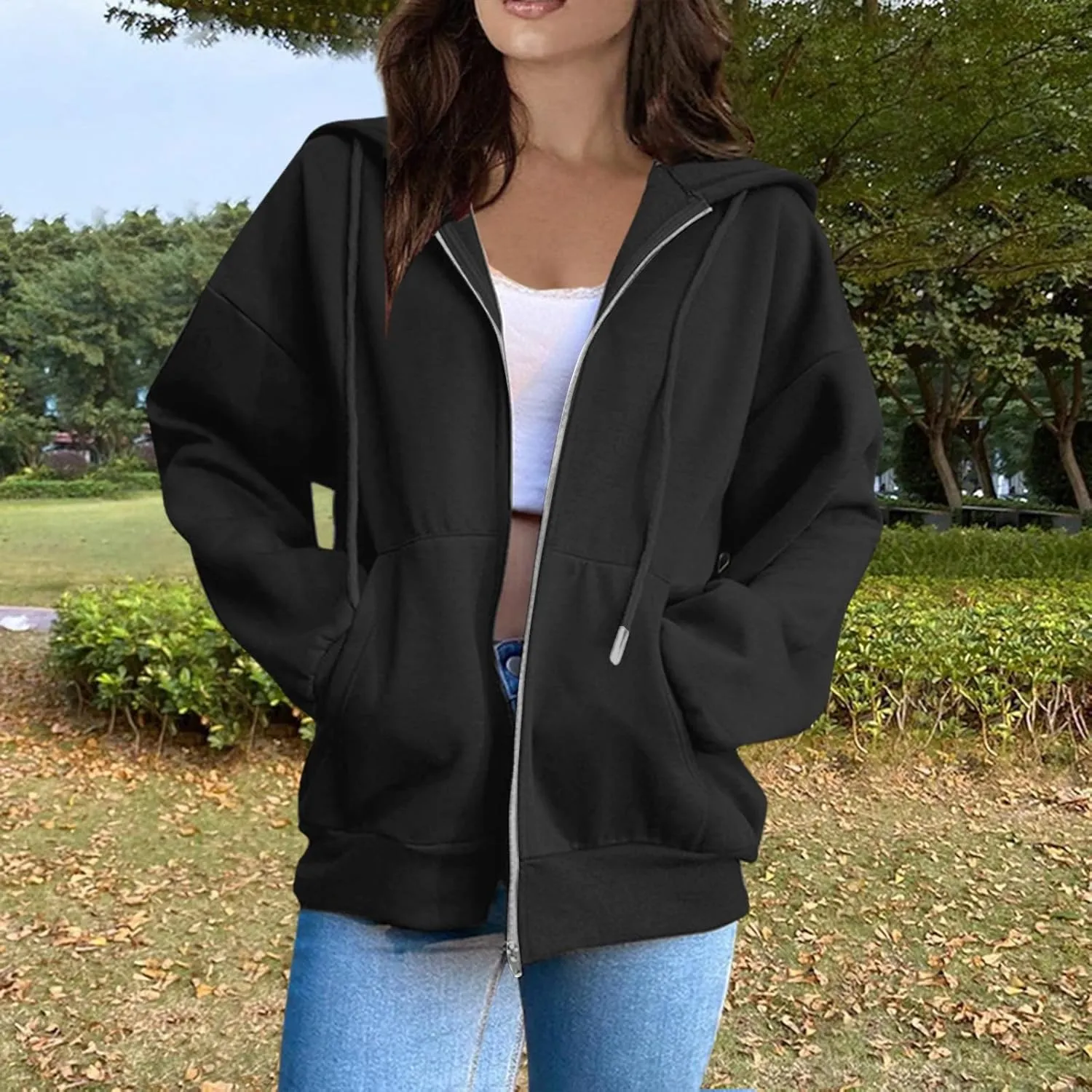 Womens Zip Up Hoodies Long Sleeve Pockets Oversized Sweatshirts Solid Y2k Hoodie Jacket Fall Fashion Clothes 2024