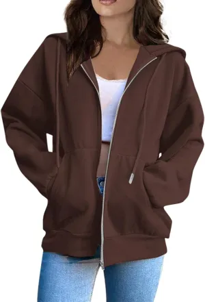 Womens Zip Up Hoodies Long Sleeve Pockets Oversized Sweatshirts Solid Y2k Hoodie Jacket Fall Fashion Clothes 2024