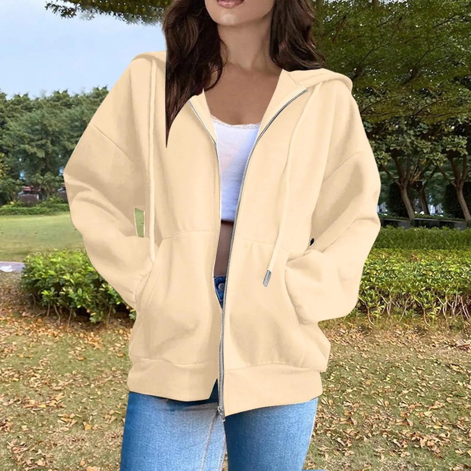 Womens Zip Up Hoodies Long Sleeve Pockets Oversized Sweatshirts Solid Y2k Hoodie Jacket Fall Fashion Clothes 2024