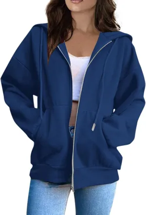 Womens Zip Up Hoodies Long Sleeve Pockets Oversized Sweatshirts Solid Y2k Hoodie Jacket Fall Fashion Clothes 2024