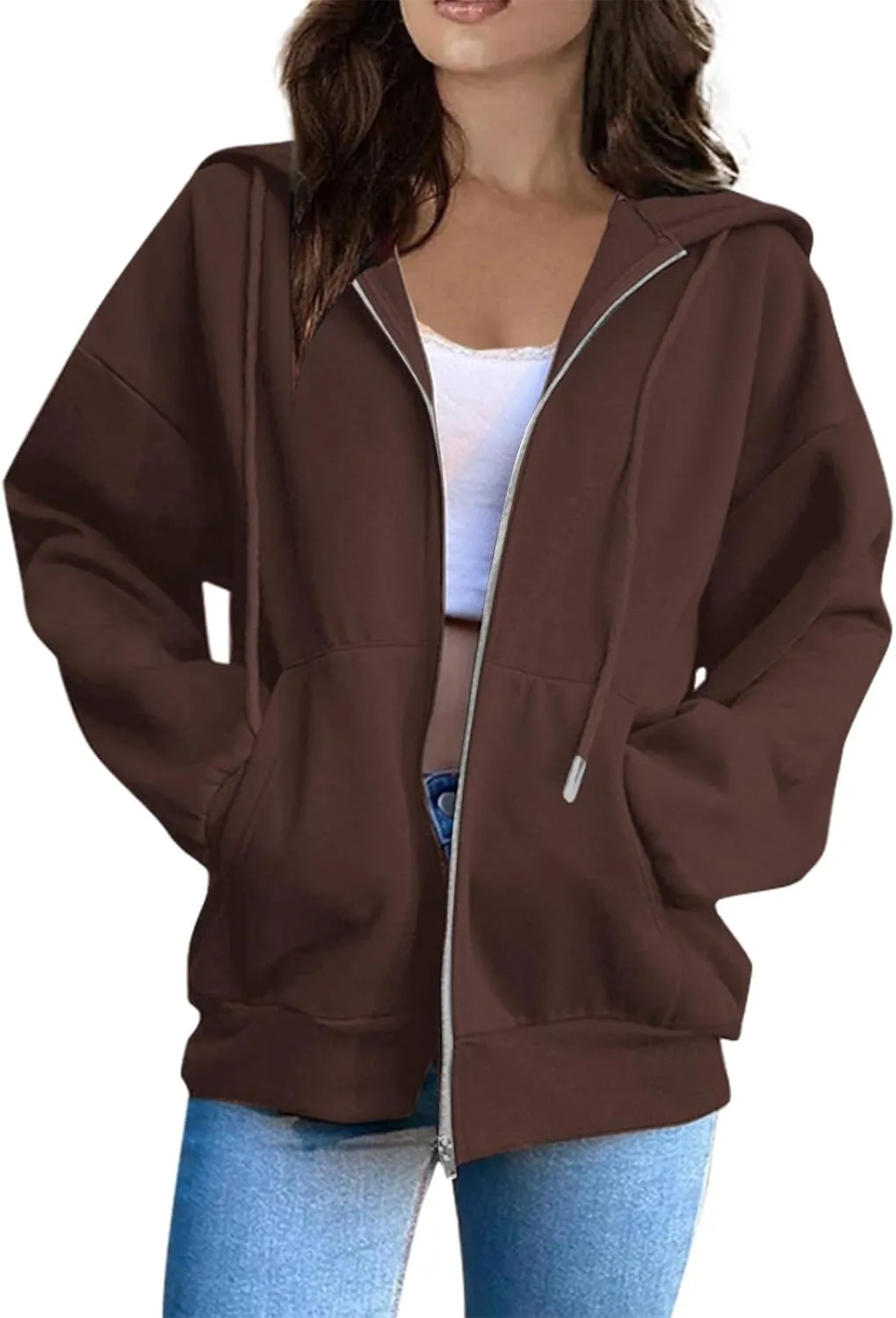 Womens Zip Up Hoodies Long Sleeve Pockets Oversized Sweatshirts Solid Y2k Hoodie Jacket Fall Fashion Clothes 2024