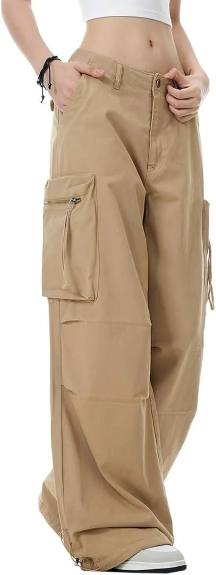 WZIKAI Womens Parachute Cargo Pants Y2K Baggy Cargo Pants Wide Leg Casual Joggers with Pockets