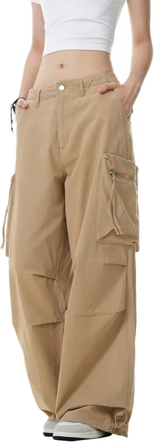 WZIKAI Womens Parachute Cargo Pants Y2K Baggy Cargo Pants Wide Leg Casual Joggers with Pockets