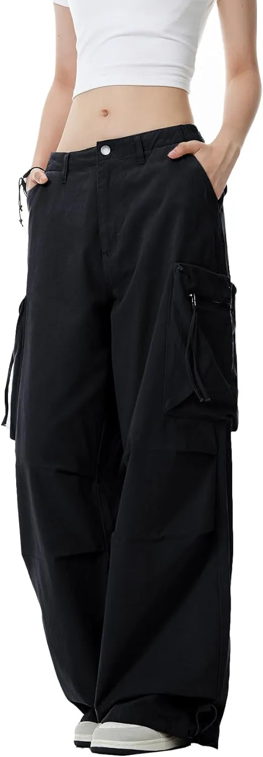 WZIKAI Womens Parachute Cargo Pants Y2K Baggy Cargo Pants Wide Leg Casual Joggers with Pockets