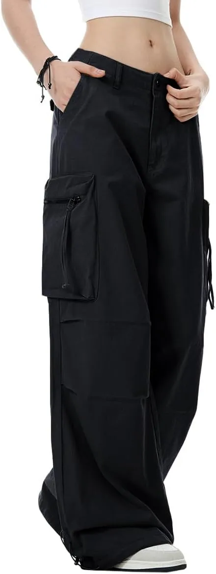 WZIKAI Womens Parachute Cargo Pants Y2K Baggy Cargo Pants Wide Leg Casual Joggers with Pockets