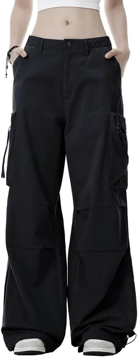 WZIKAI Womens Parachute Cargo Pants Y2K Baggy Cargo Pants Wide Leg Casual Joggers with Pockets