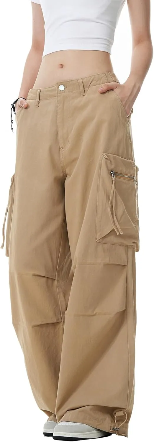 WZIKAI Womens Parachute Cargo Pants Y2K Baggy Cargo Pants Wide Leg Casual Joggers with Pockets
