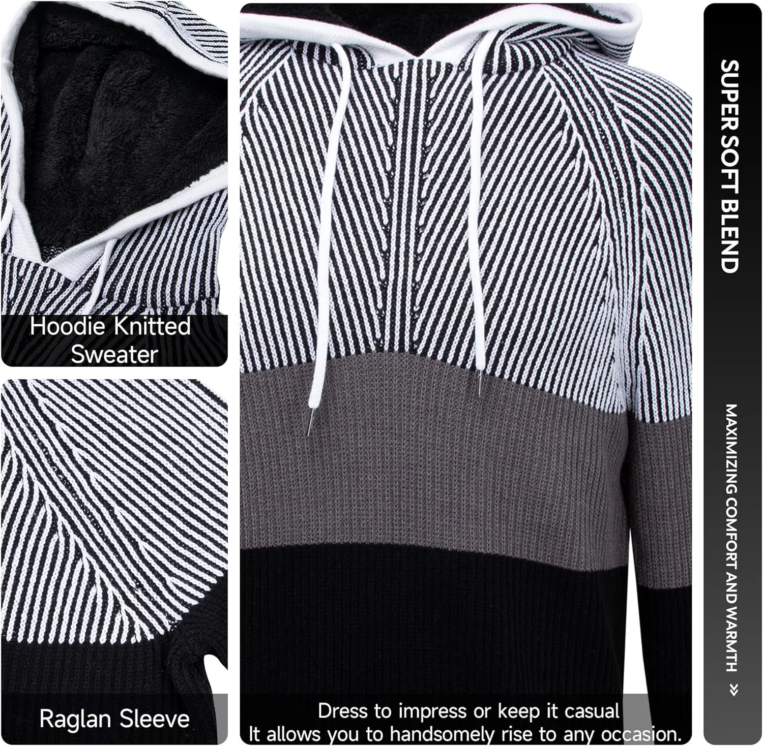 X RAY Mens Fashion Hoodies Pullover Sweater, Casual Knit Color Block Slim Fit Hoodies for Men