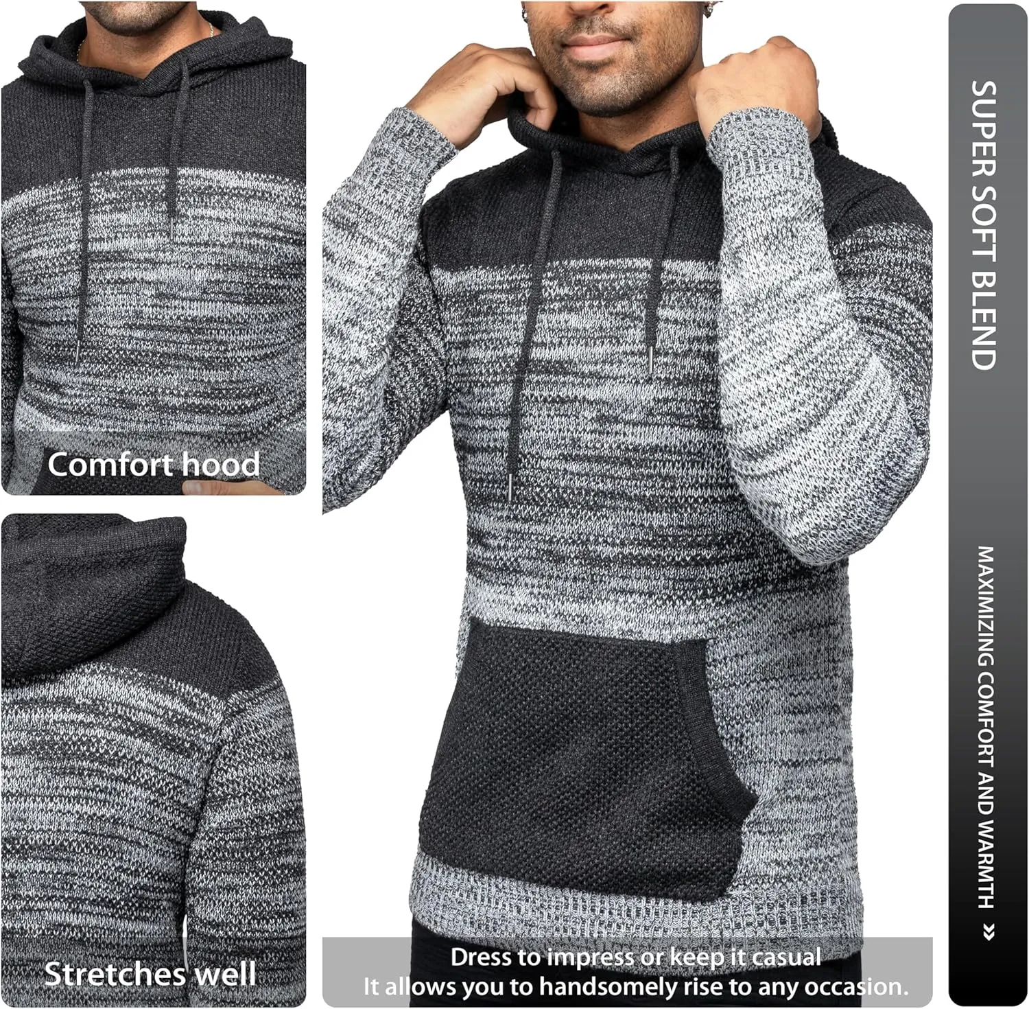X RAY Mens Fashion Hoodies Pullover Sweater, Casual Knit Color Block Slim Fit Hoodies for Men