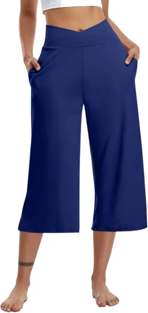Yoga Pants for Women Fashion Crossover High Waist Capri Pants Lounge Wide Leg Cropped Pant Tummy Control Workout Trouser