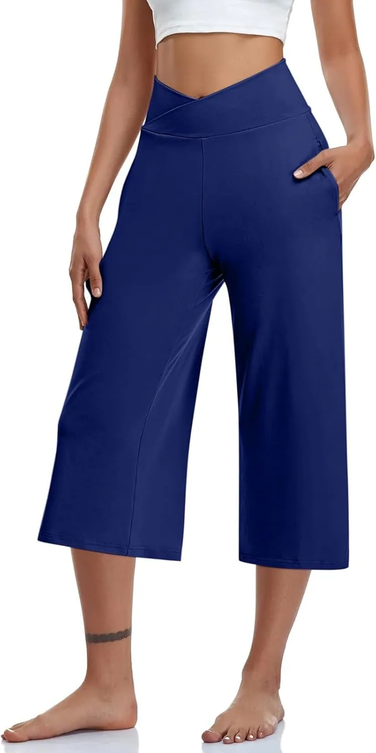 Yoga Pants for Women Fashion Crossover High Waist Capri Pants Lounge Wide Leg Cropped Pant Tummy Control Workout Trouser