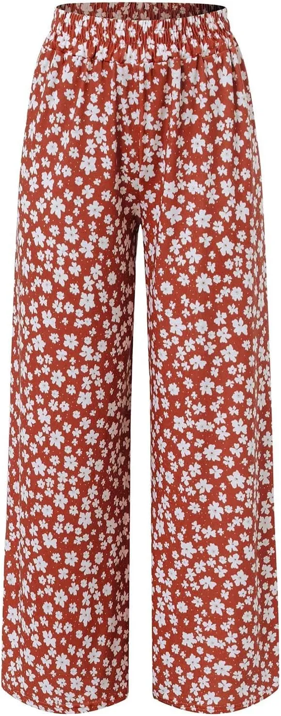 YOLAI Women's Casual Wide Leg Trousers Floral Print Summer Beach Pant Loose High Waist Long Palazzo Pants
