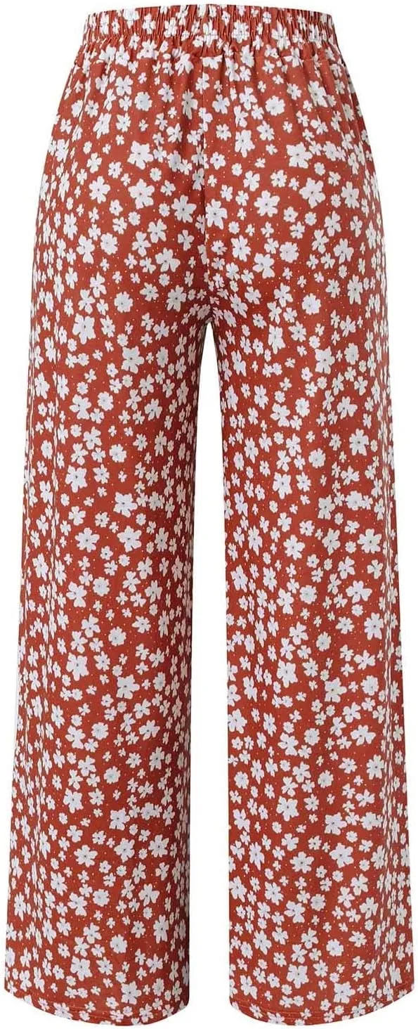 YOLAI Women's Casual Wide Leg Trousers Floral Print Summer Beach Pant Loose High Waist Long Palazzo Pants