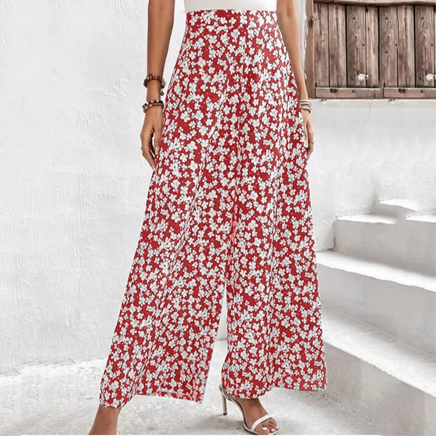 YOLAI Women's Casual Wide Leg Trousers Floral Print Summer Beach Pant Loose High Waist Long Palazzo Pants