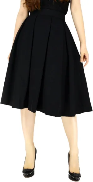 YSJERA Women's Vintage Pleated Midi Skirts - A-Line High Waist Swing Flared Skirts (L,Black)