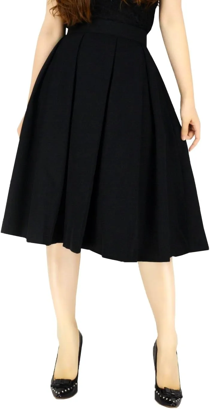 YSJERA Women's Vintage Pleated Midi Skirts - A-Line High Waist Swing Flared Skirts (L,Black)