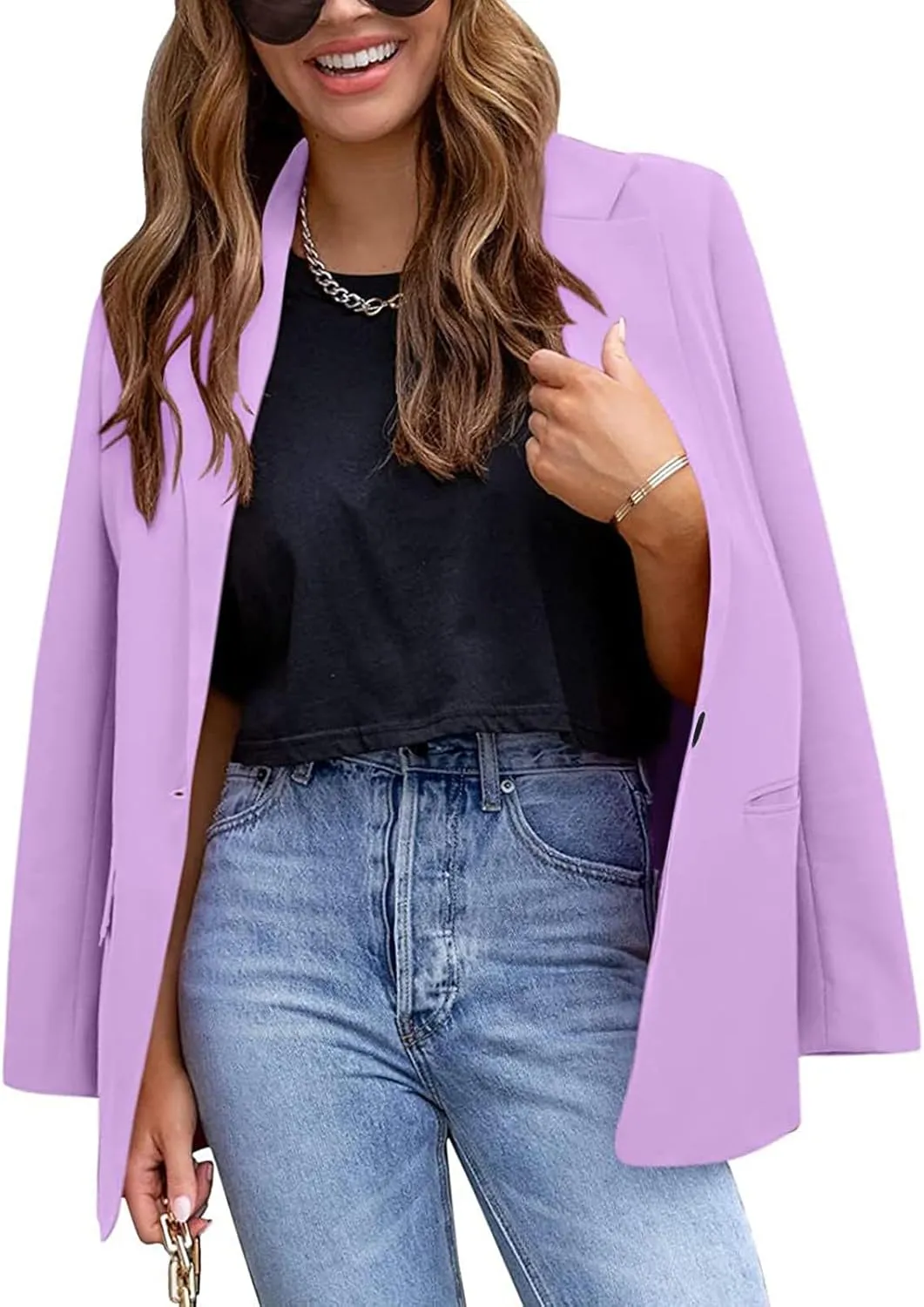 YUNCLOS Womens Casual Suit Blazer 1 Button Long Sleeve Notched Lapel Open Front Jacket for Work Office