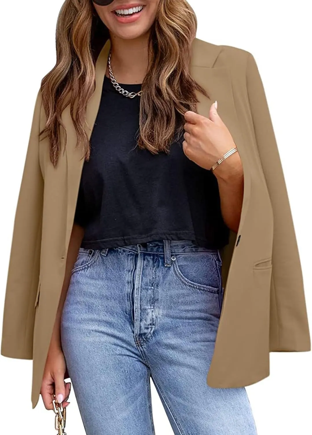 YUNCLOS Womens Casual Suit Blazer 1 Button Long Sleeve Notched Lapel Open Front Jacket for Work Office