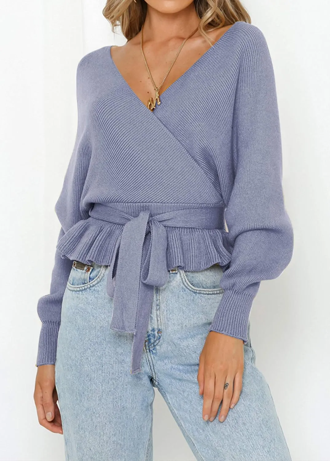 ZESICA Women's Fall Wrap V Neck Long Batwing Sleeve Belted Waist Ruffle Knitted Sweater Pullover Top