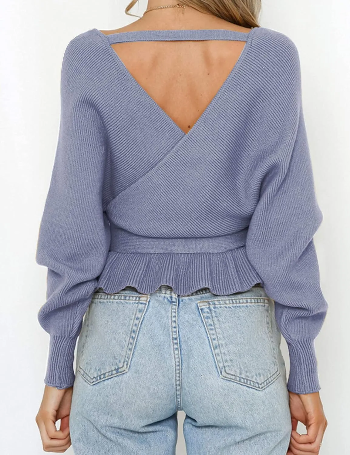 ZESICA Women's Fall Wrap V Neck Long Batwing Sleeve Belted Waist Ruffle Knitted Sweater Pullover Top