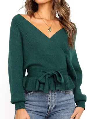 ZESICA Women's Fall Wrap V Neck Long Batwing Sleeve Belted Waist Ruffle Knitted Sweater Pullover Top