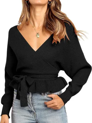 ZESICA Women's Fall Wrap V Neck Long Batwing Sleeve Belted Waist Ruffle Knitted Sweater Pullover Top