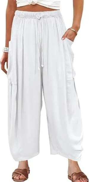 ZOCANIA Womens Pleated High Elastic Waist Linen Pants Drawstring Solid Wide Leg Baggy Pants Comfy Jogger Pants with Pockets