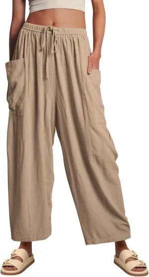 ZOCANIA Womens Pleated High Elastic Waist Linen Pants Drawstring Solid Wide Leg Baggy Pants Comfy Jogger Pants with Pockets